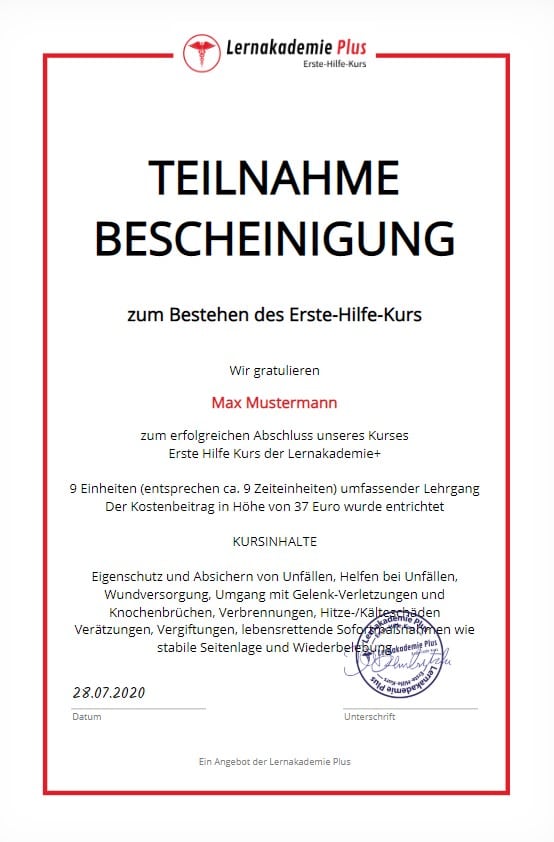 Erste Hilfe Kurs Teilnahmebescheinigung